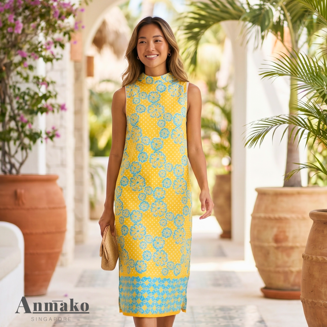 A beautiful woman wearing Anmako's Batik dress
