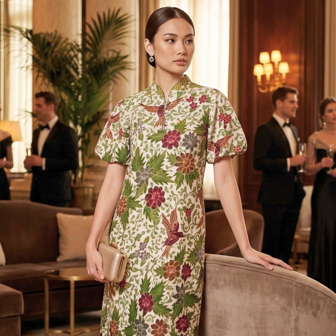 Batik Tulis Puff Sleeve Cheongsam Dress - XS