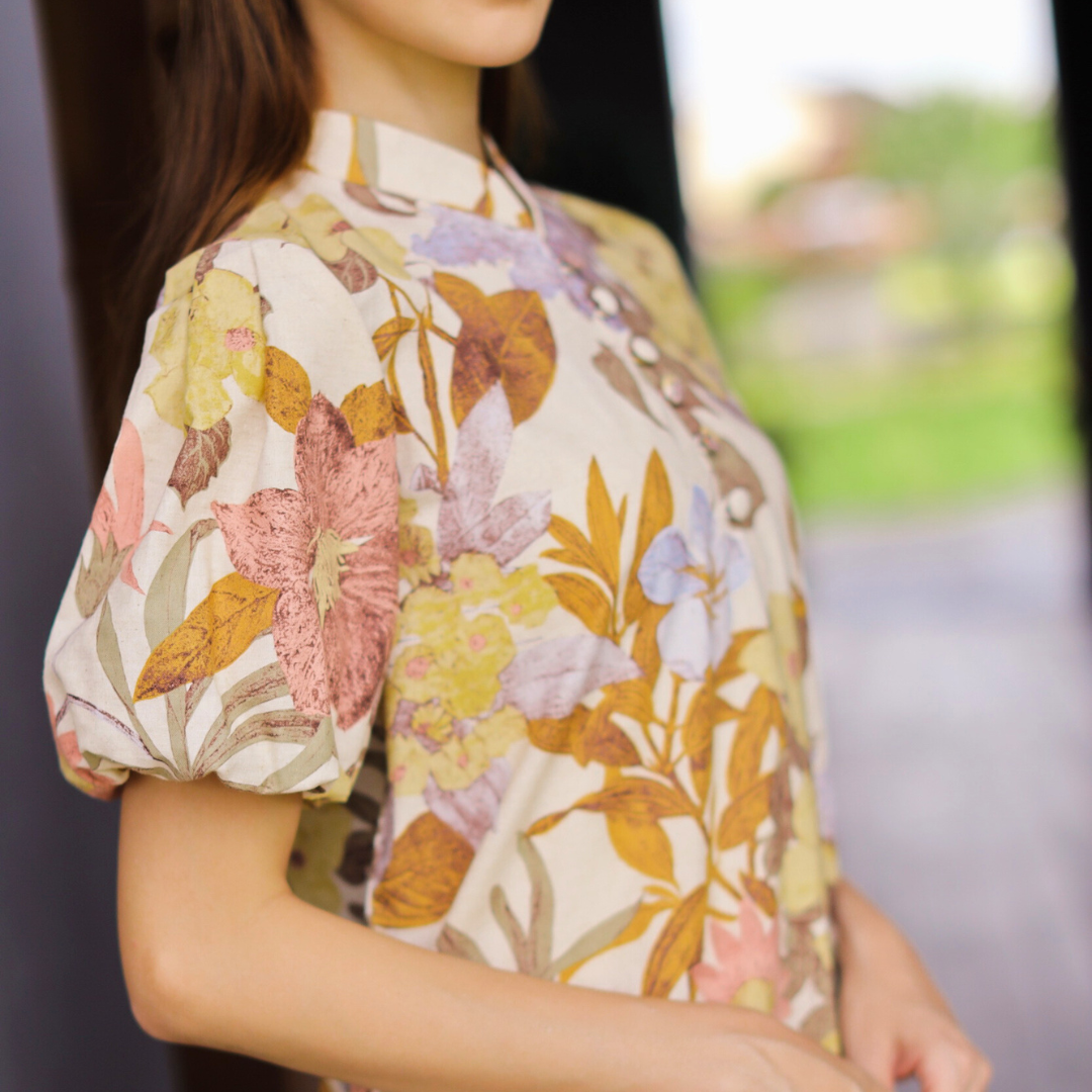 JP Puff Sleeve Cheongsam Midi Dress