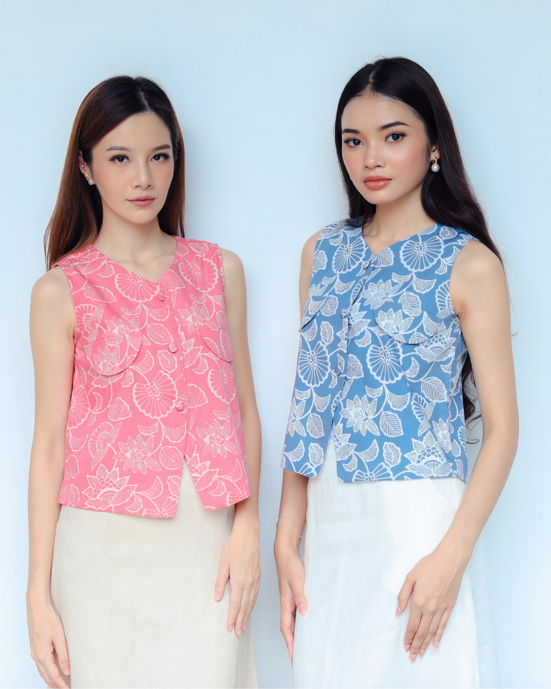 Sleeveless pink fashion top with creative pattern motif.