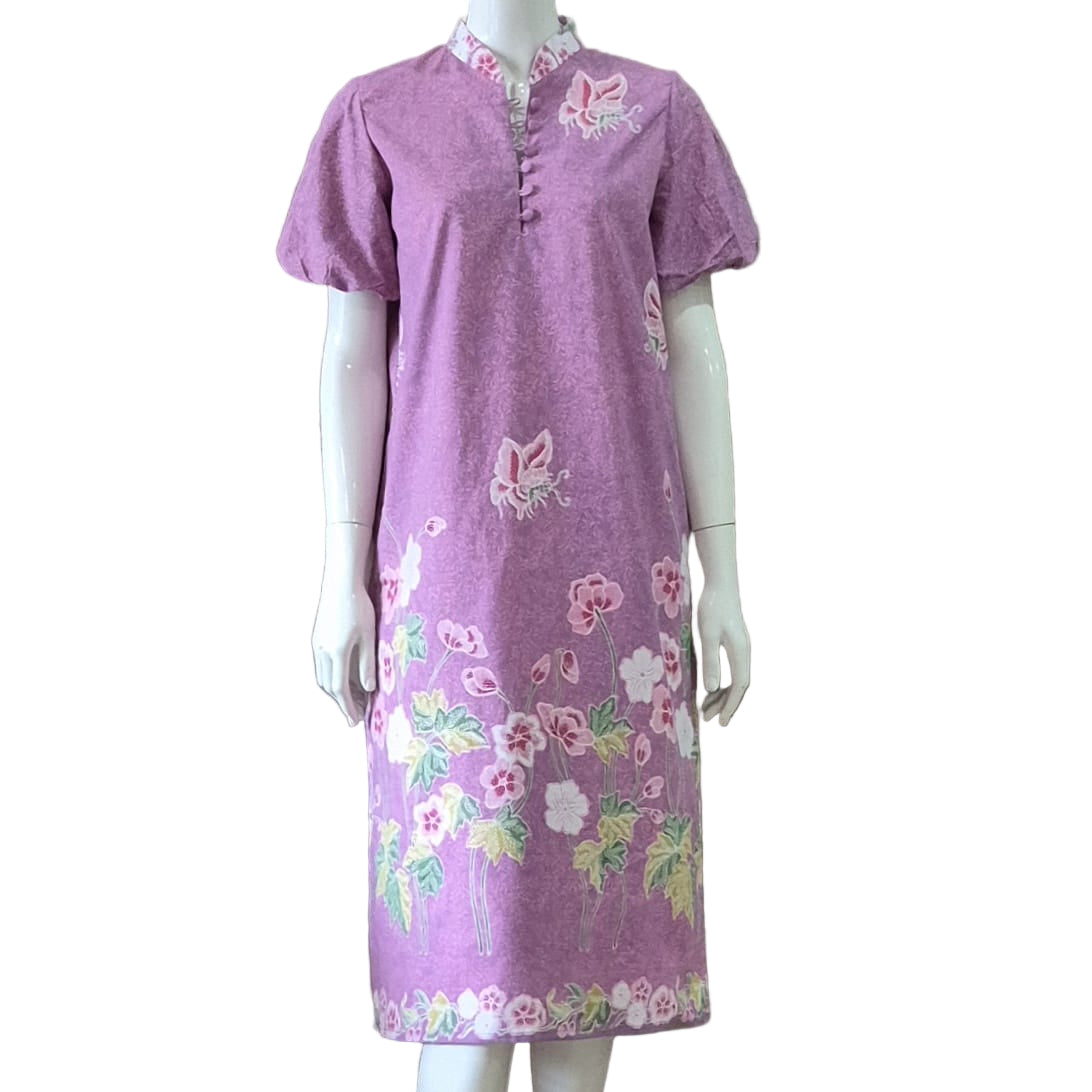 Puff Sleeve Cheongsam Midi Dress