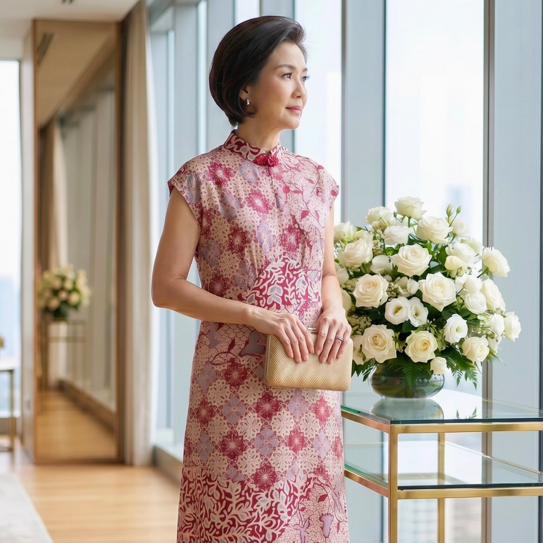 A woman wearing a long-length modern Batik cheongsam with a floral print