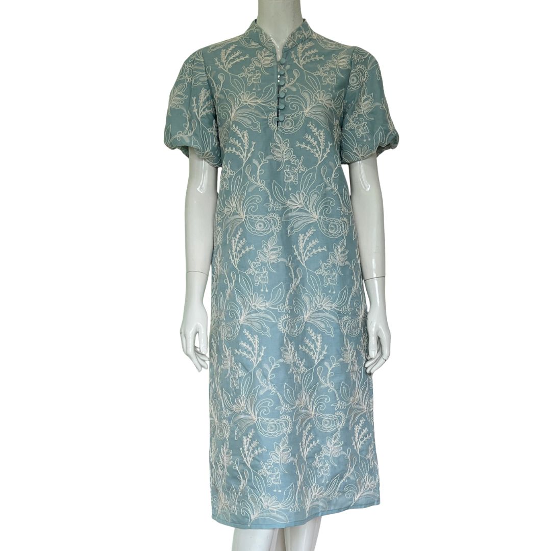 Puff Sleeve Cheongsam Midi Dress