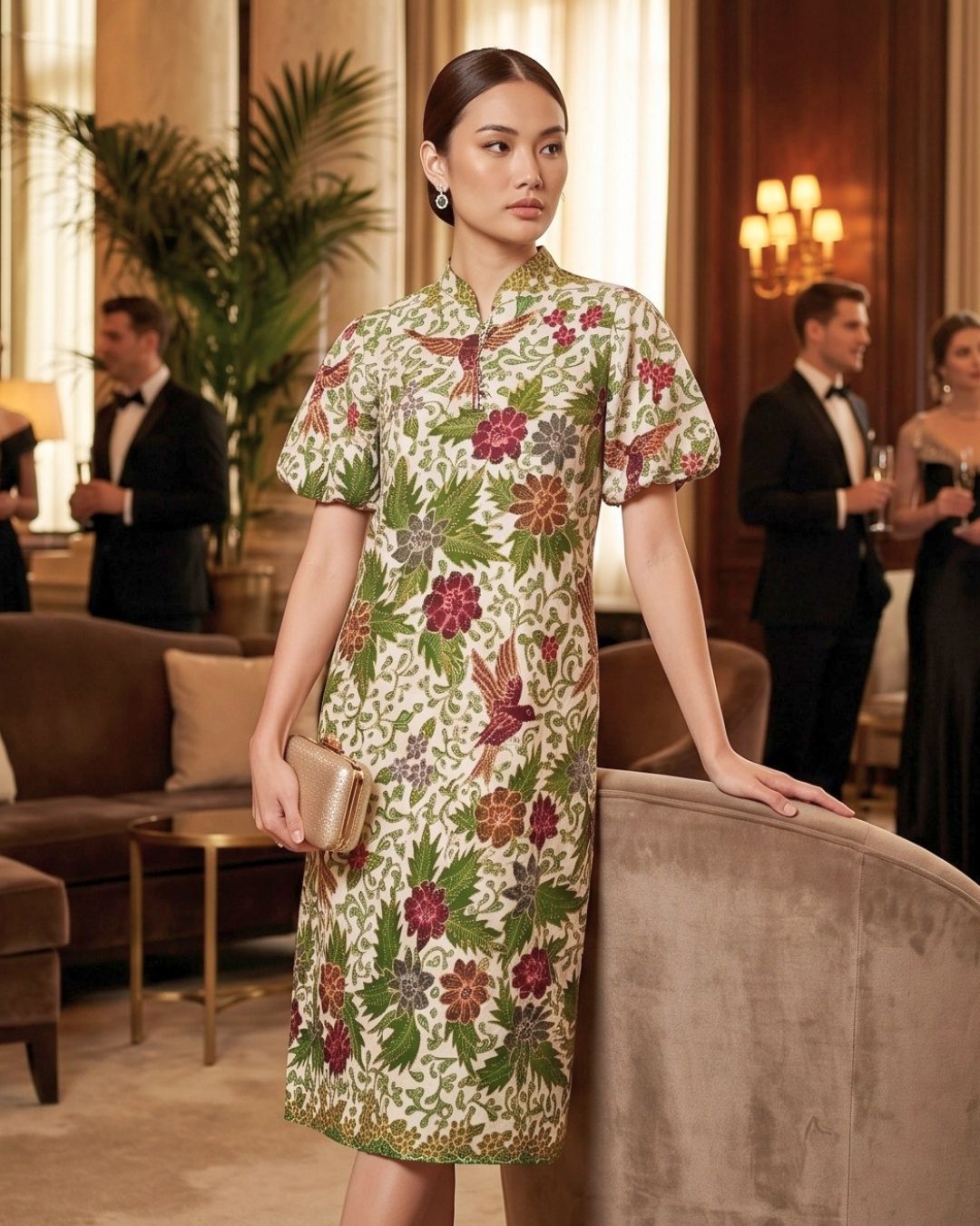 Batik Tulis Puff Sleeve Cheongsam Dress - XS