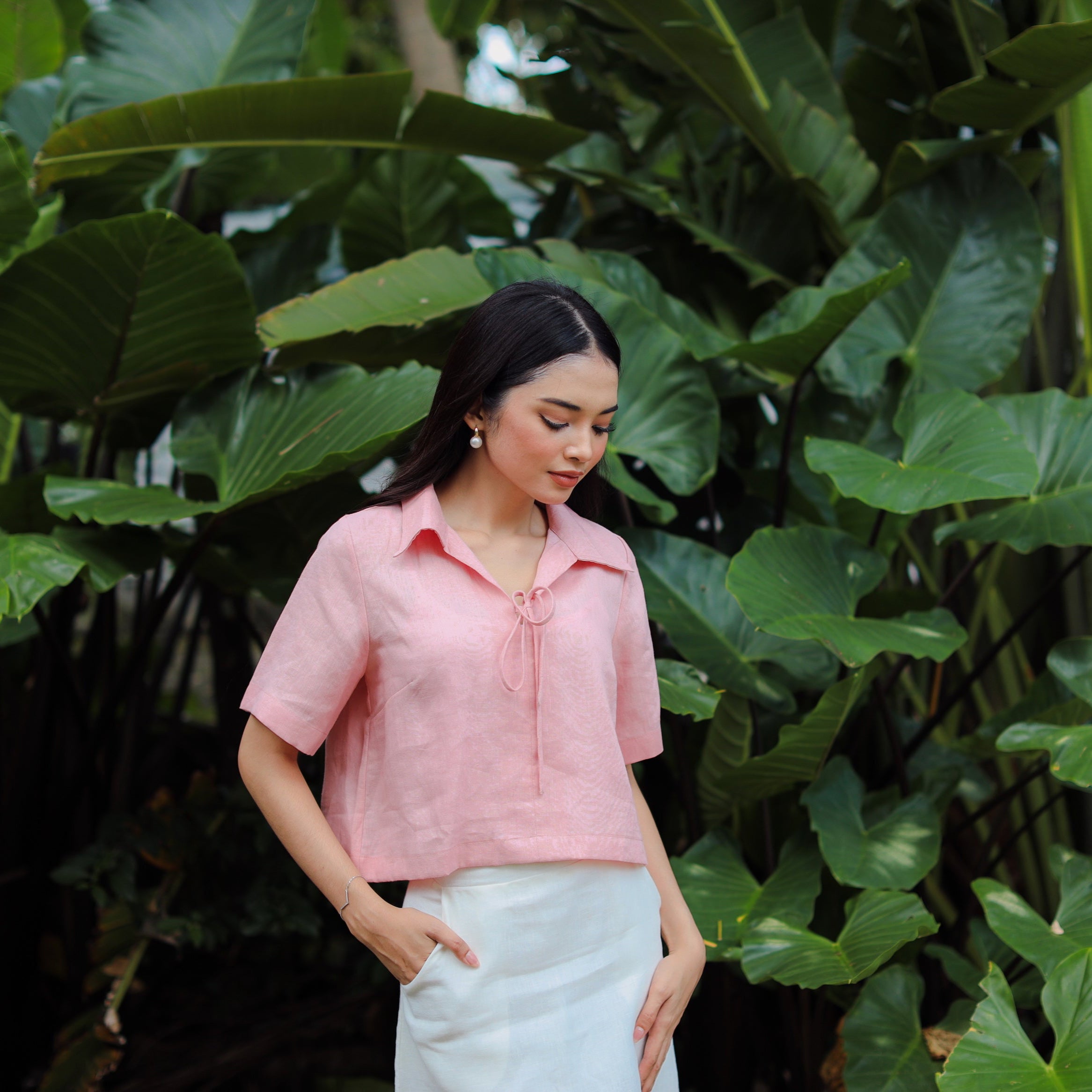 Linen Top w/collar - Pink
