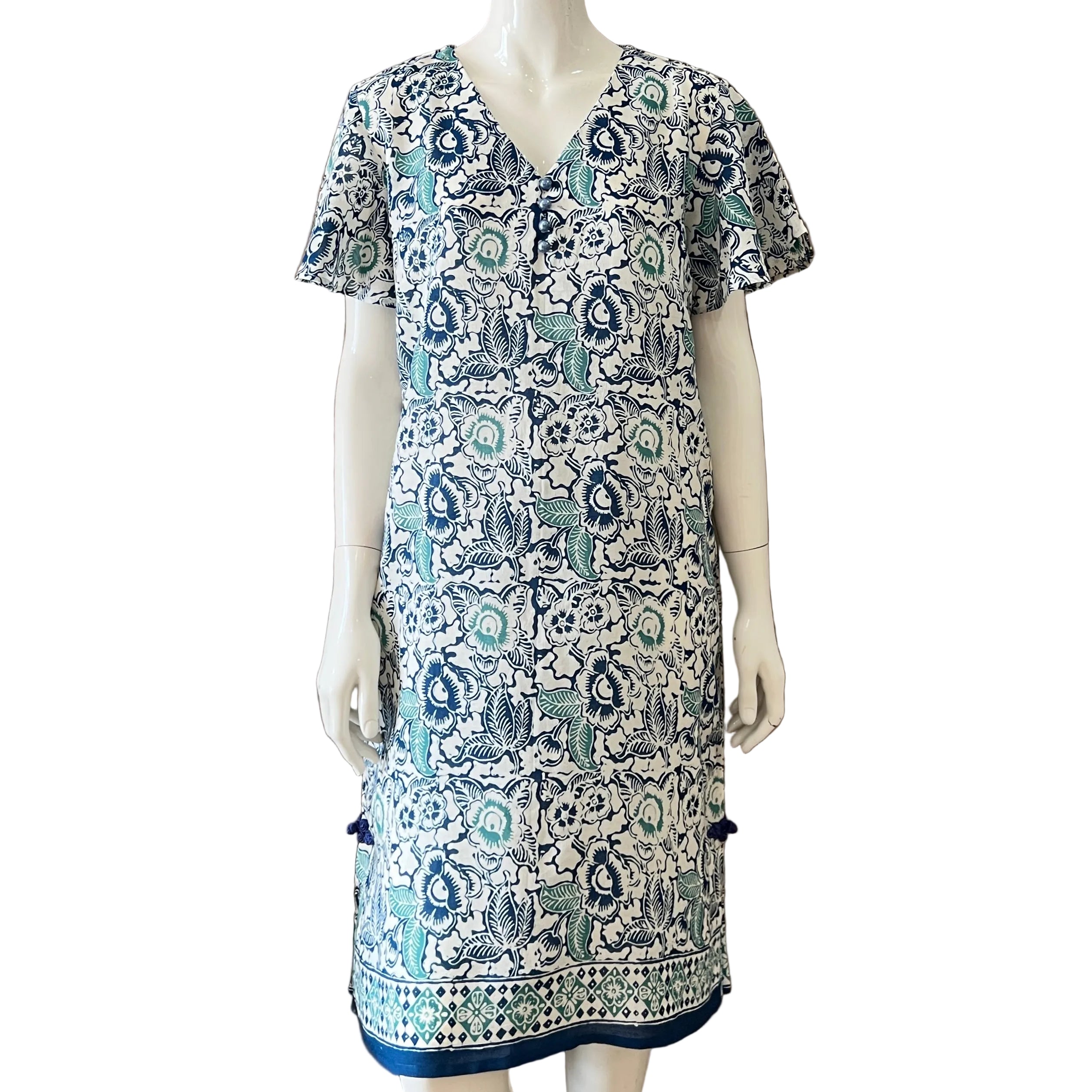 Flare Sleeve V Neck Dress - L