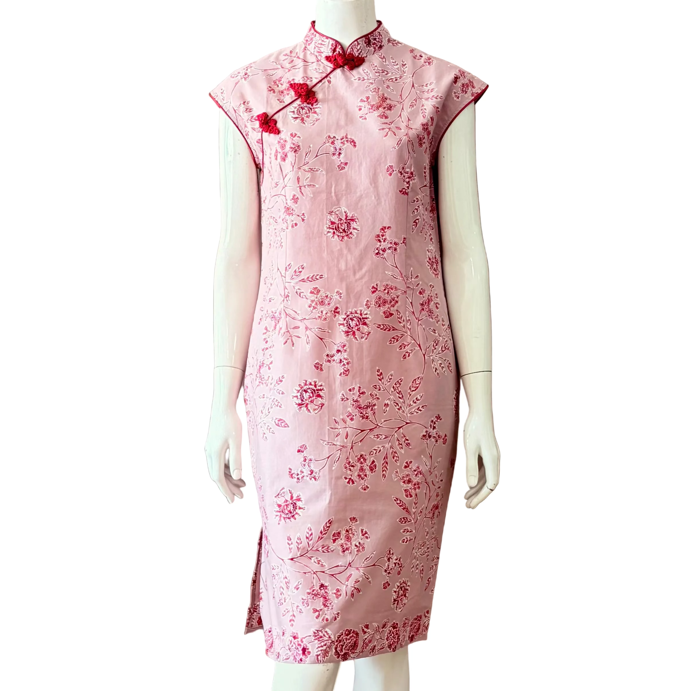 Batik flower patterned dress with Red Cheongsam and frog button accents 