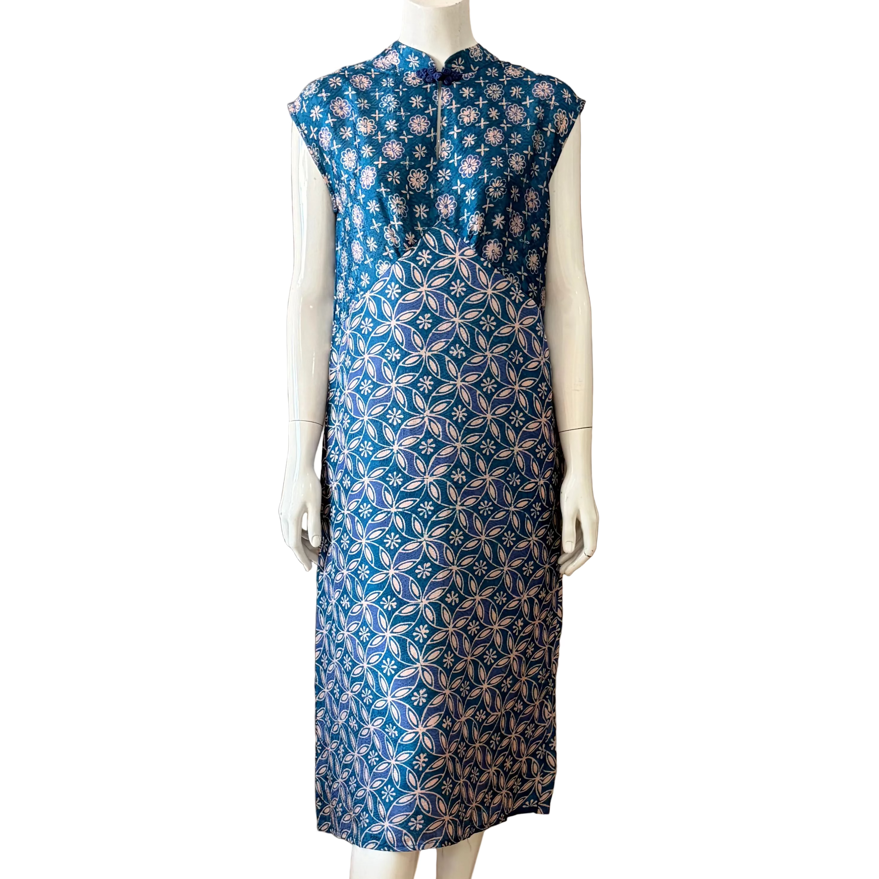 Cheongsam Flare midi dress with a blue and white floral geometric patterns. Modern Batik dress