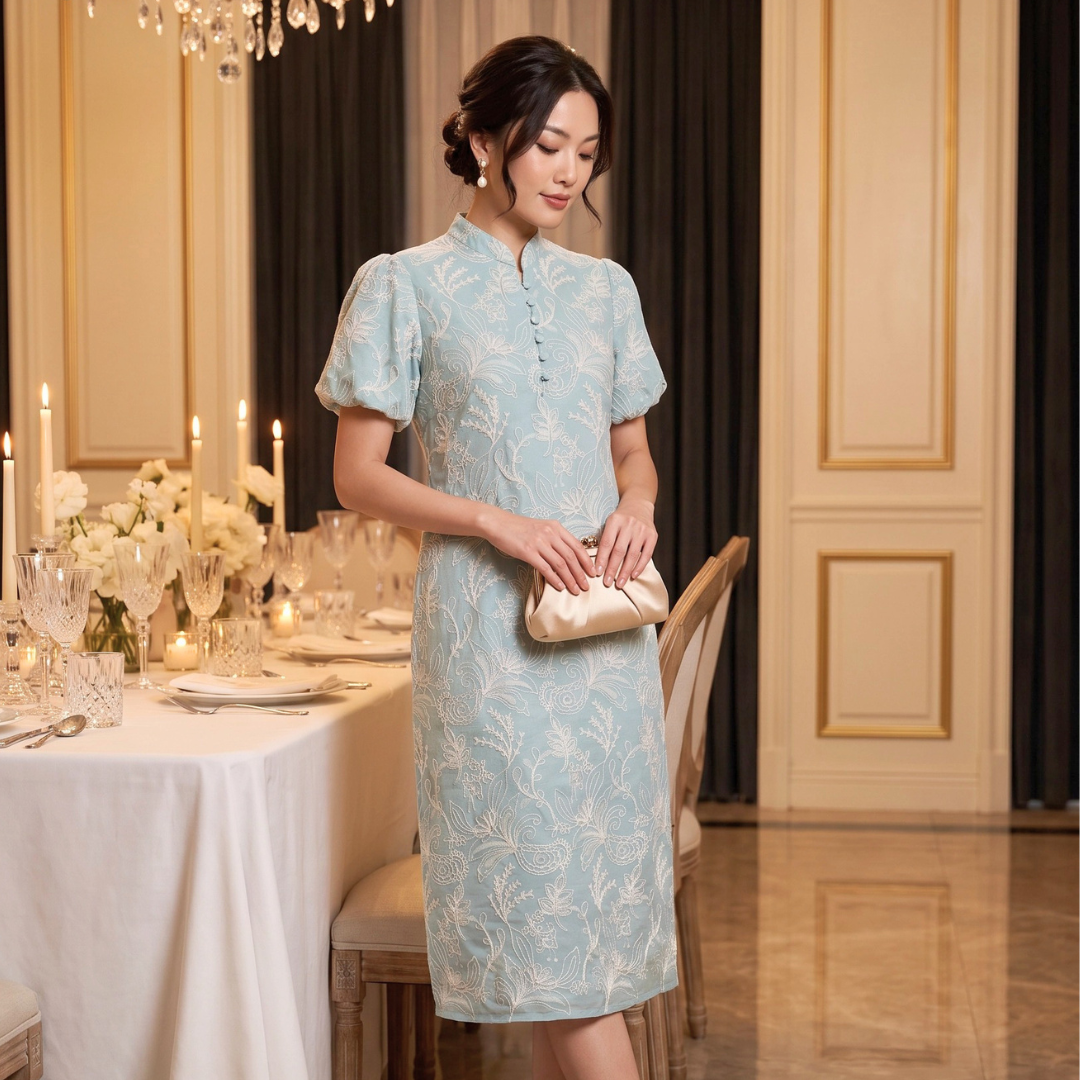Puff Sleeve Cheongsam Midi Dress